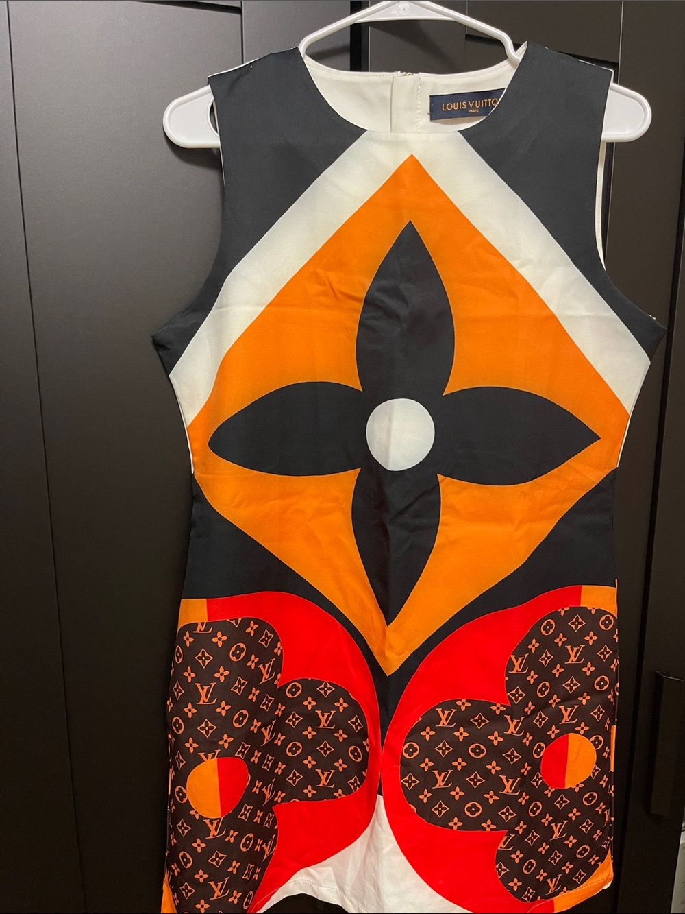 Louis Vuitton Orange, Black & White Graphic Mini Dress